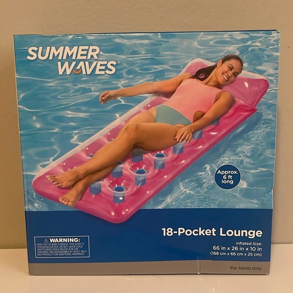 New In Box Summer Waves 18 Pocket 6 Foot Pink Inflatable Pool Lounge - Picture 1 of 3